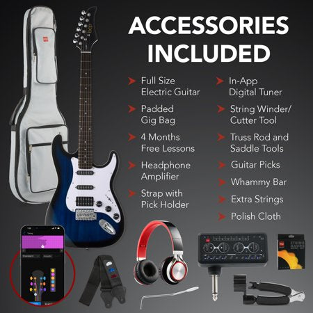 Best Choice Products Beginner HSS Electric Guitar Kit w/ Headphone Amp, Gig-Bag, Headphones - Hollywood Blue/White - G9 - 1027