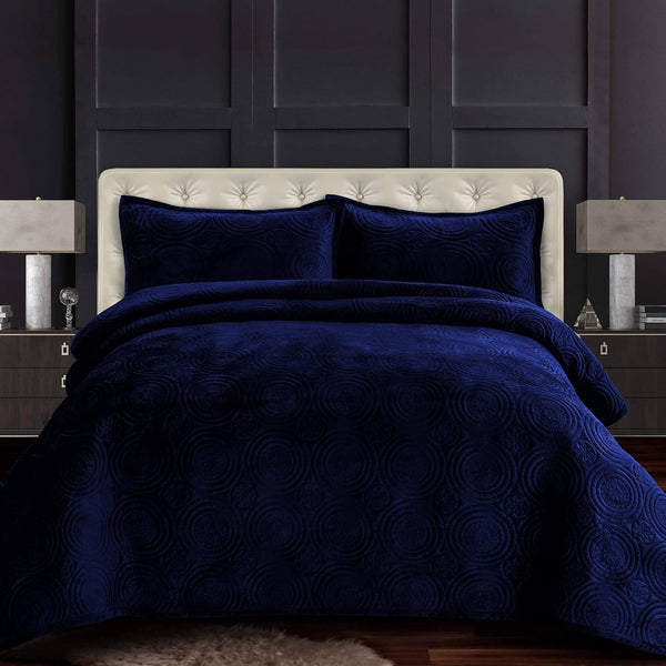 Tribeca Living Oversized Velvet Quilt Set Queen - Buttery Soft 260GSM Velvet Bedding for Luxurious Comfort - Double-Sided Capri Medallion Quilted Design in Rich Navy Blue - D11 - 1560