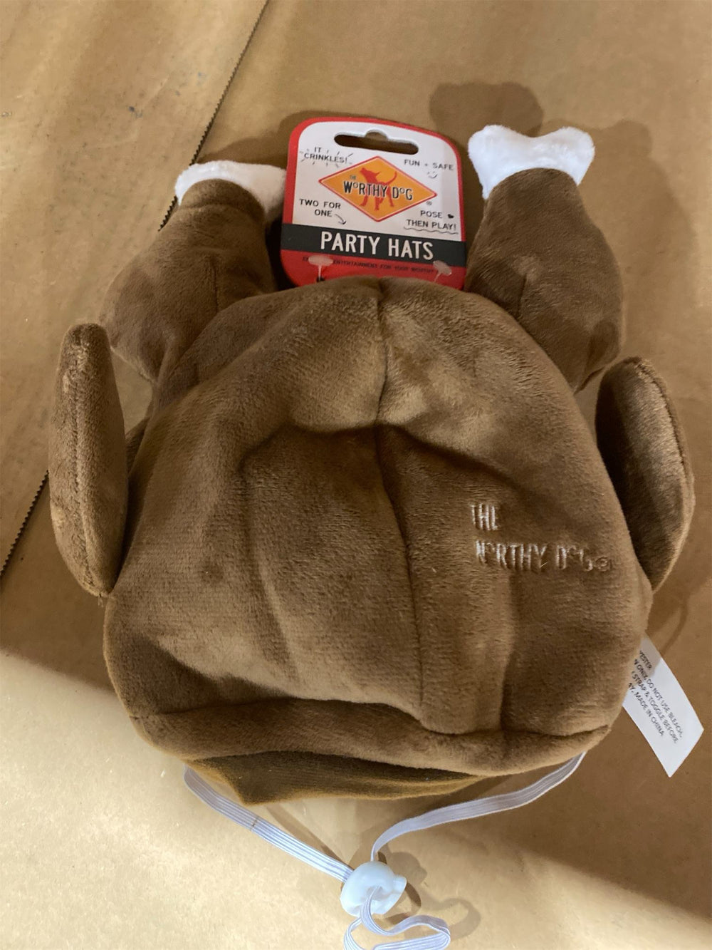 THE WORTHY DOG Turkey Trot Hat Dog Toy   2-in-1 Dress-Up Pet Hat & Crinkle Toy with Removable Elastic Strap, Durable Oxford Nylon - Brown, Small - L10 - 1657