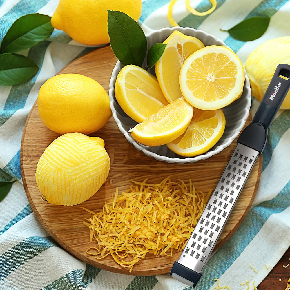 Mueller Ultra Bi-Directional Citrus Zester & Cheese Grater   Parmesan Cheese Lemon, Ginger, Garlic, Nutmeg, Chocolate, Vegetables, Fruits   18/10 Razor-Sharp Stainless Steel Blade Wide Dishwasher Safe - B11 - 585