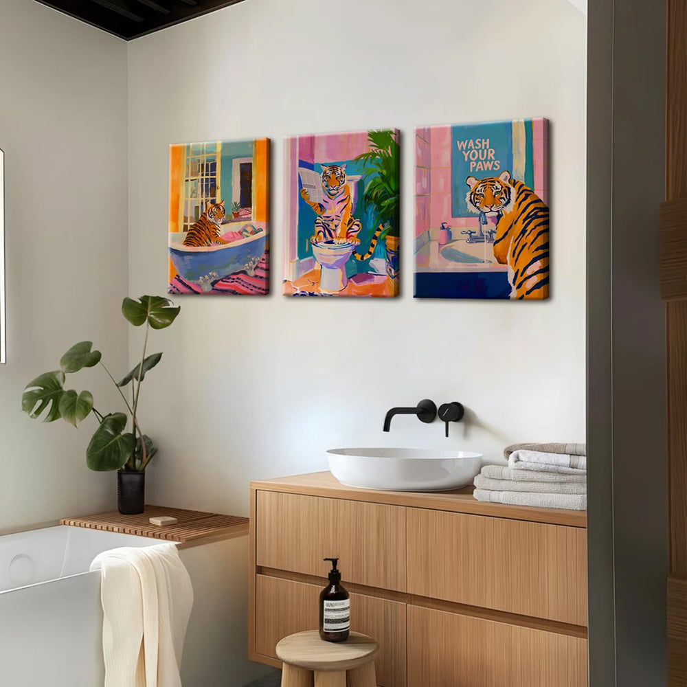 Funny Tiger Bathroom Wall Art Set of 3 Whimsical Tiger in Bathtub Canvas Wall Decor Painting Maximalist Animal Bathroom Poster Print Aesthetic 12x16 inch Framed 1409
