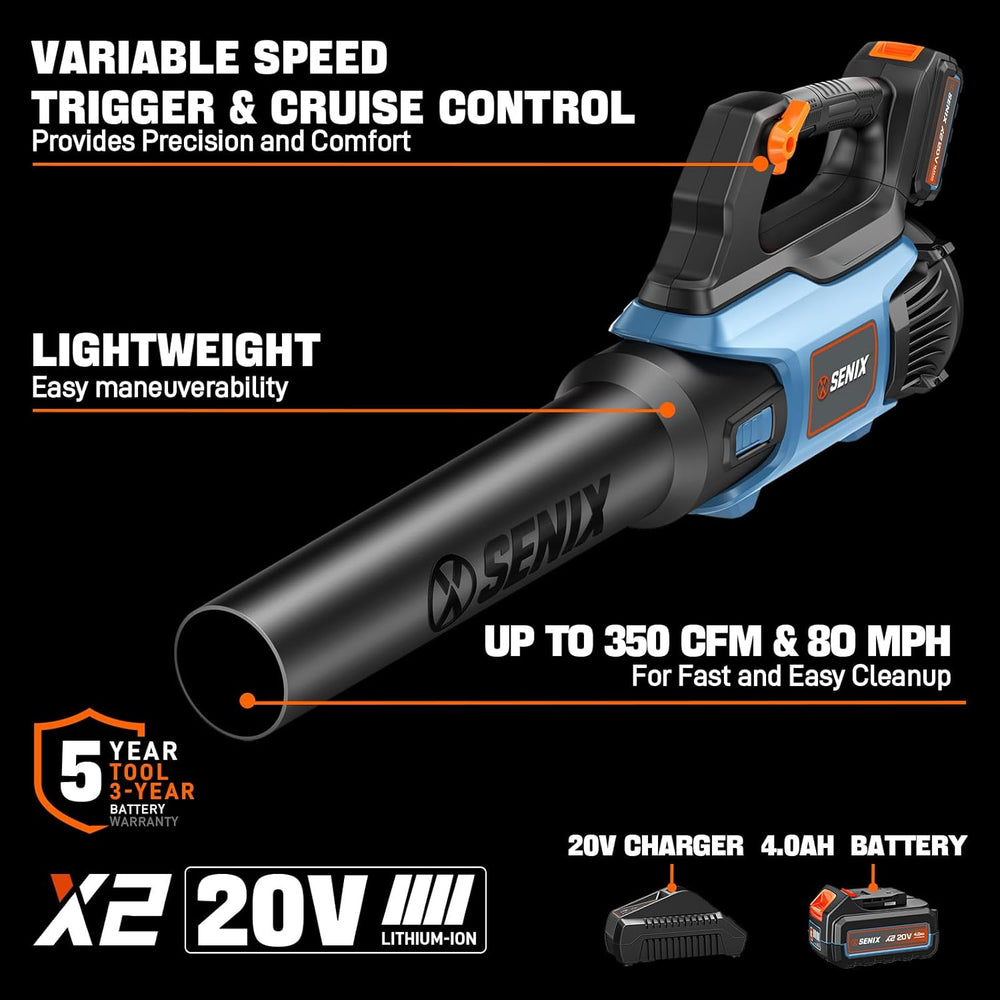 SENIX 20V Max Leaf Blower, Cordless, Brushless, Handheld, Up to 350 CFM and 80 MPH, 2 Speed Mode, Cruise Control, Lightweight, 4.0 Ah Battery and Charger Included (BLAX2-M) 1549