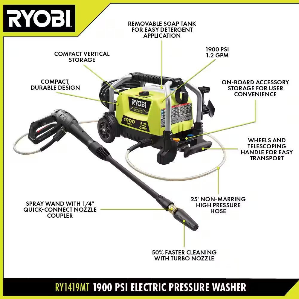 RYOBI 1900 PSI 1.2 GPM Cold Water Wheeled Corded Electric Pressure Washer 1677
