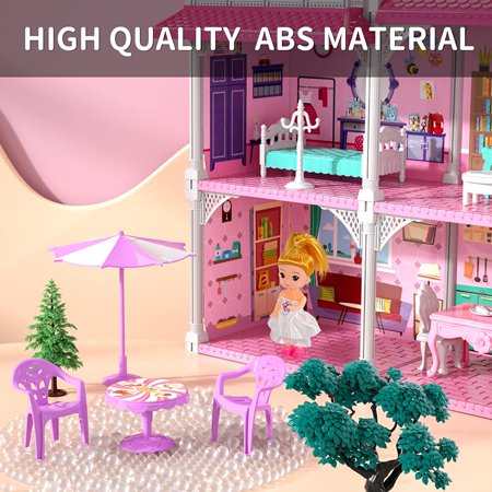 Freecat 3-Story 8 Rooms Playhouse, with 2 Dolls Toy Figures, Dream House Doll House 7-8 for Girls, for Girl Boy Toys Age 3+ 303 - C1