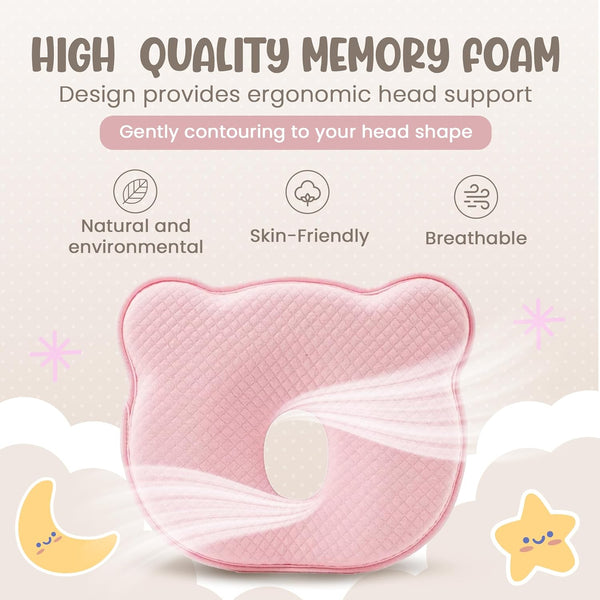 Soft and Breathable Baby Pillow with Memory Foam and Bear Design (Pink) 1747