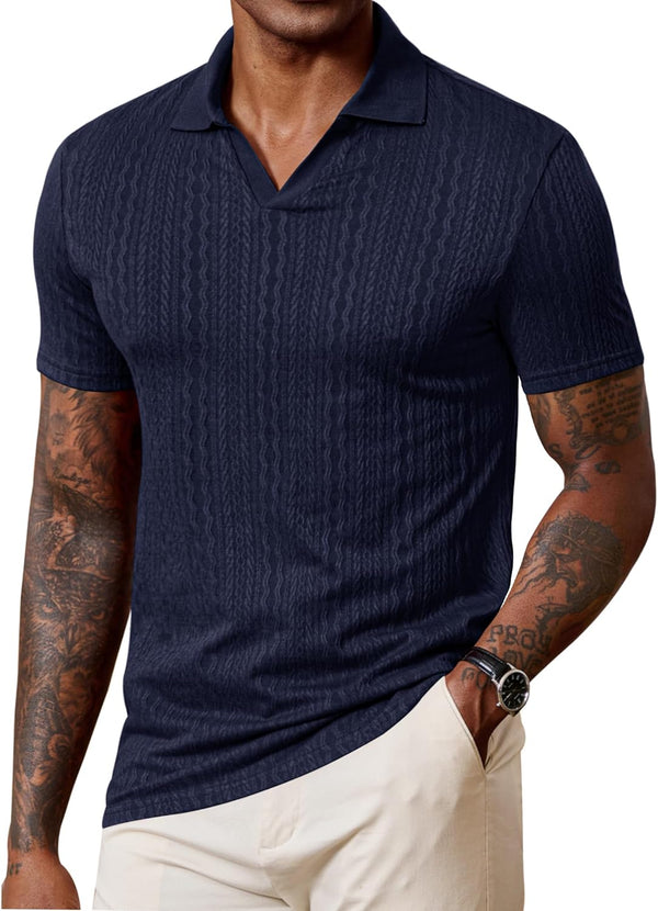 Men Johnny Collar Textured Polo Shirt Cable Knit Stretch Casual Shirts XL - 1903