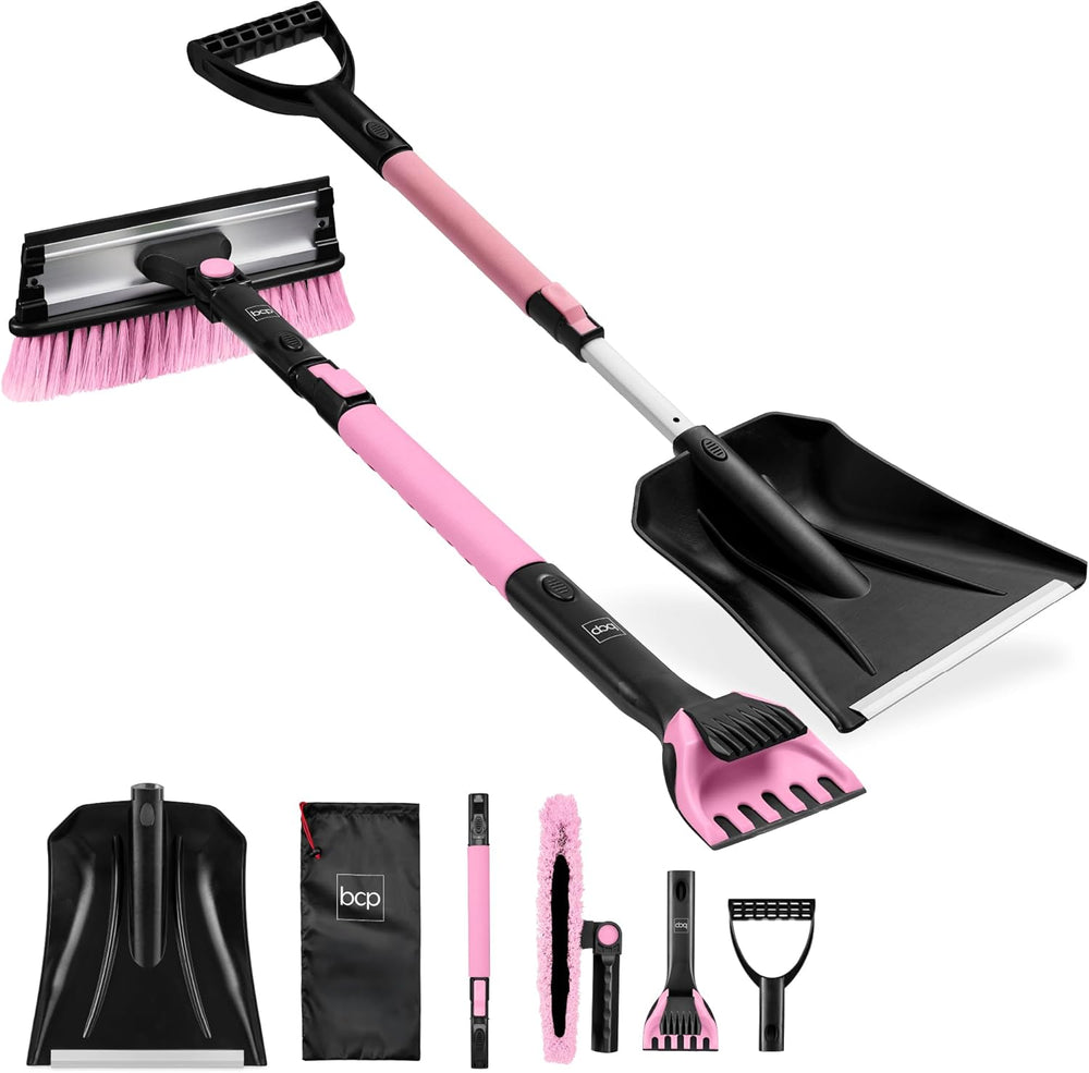 Best Choice Products 4 in 1 Snow Brush with Shovel, Squeegee & Ice Scraper, Up to 39" Extendable Foam Grip, 270  Pivoting Snow Brush for Car Truck SUV, Storage Bag Included - Pink - B10 - 1475