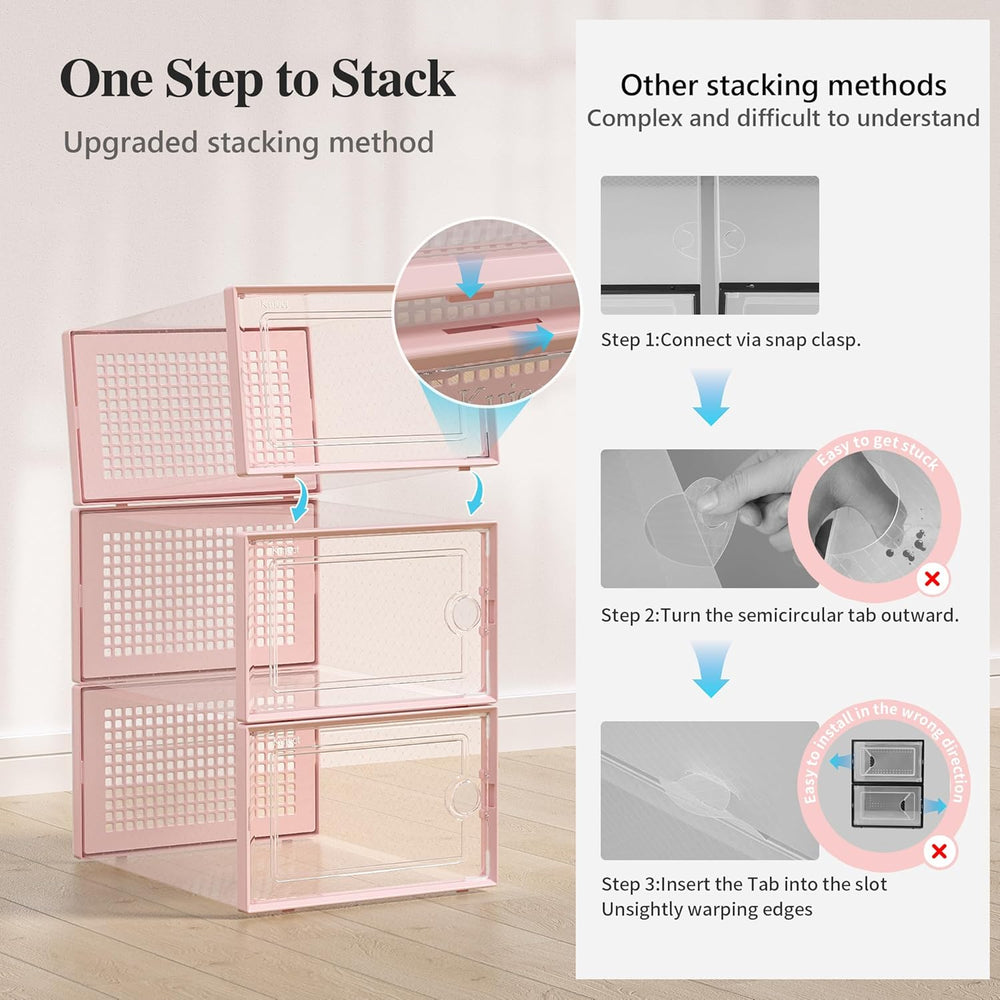 Kuject X-Large Shoe Storage Boxes Organizers Clear Plastic Stackable 12 Pack, Shoe Rack & Holder Substitute, Sneaker Containers, Toy Storage Organizer Bins for Entryway, Closet, Under Bed, Pink 1464