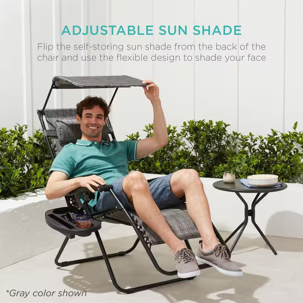 Zero Gravity Folding Reclining Mint Fabric Outdoor Lawn Chair with Canopy Shade, Headrest Tray - M3 - 1948