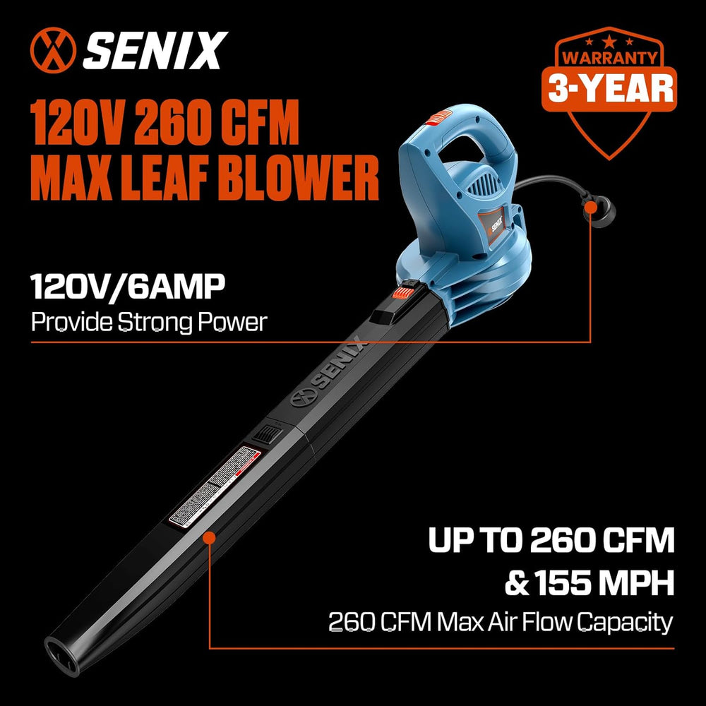 SENIX 6 AMP Handheld Electric Leaf Blower, Up to 260 CFM and 155 MPH, Lightweight, 120V (BLE06-L) 1720b