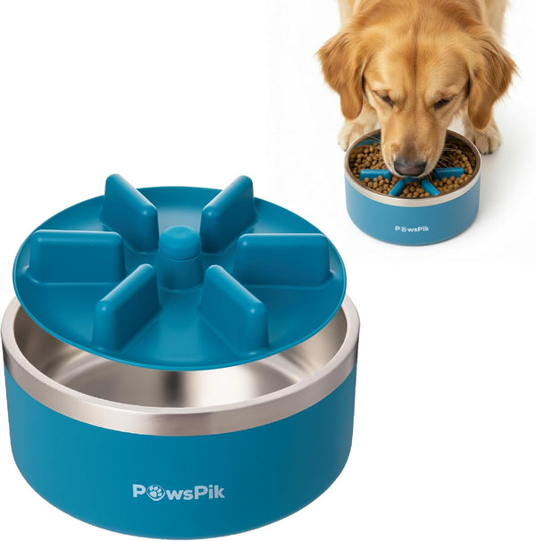 PawsPik 64oz 18/8 Stainless Steel Slow Feeder Dog Bowl, Double-Wall Non-Slip Metal Dog Bowl for Fast Eating Medium & Large Breeds, Detachable Slow Feeder Insert, Dishwasher Safe (Midnight Summit Blue) - L10 - 1650