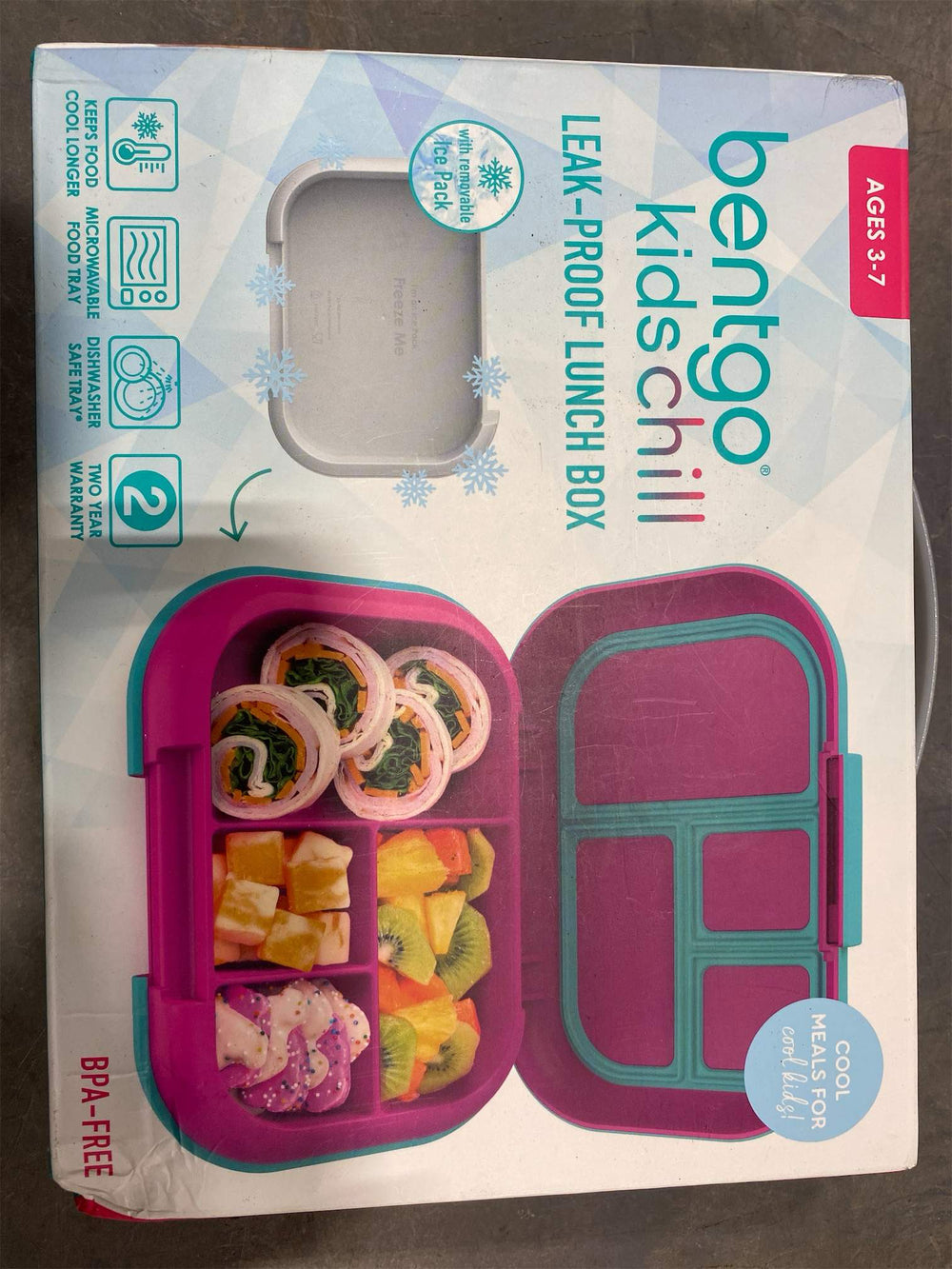 Bentgo Chill Kids Leak-Proof Lunch Box - 4-Compartment Bento Box with Built-In Ice Pack, 3.3 Cup Capacity, PFAS & BPA-Free, Microwave & Dishwasher Safe, Ideal Size for Ages 3 to 7 (Fuchsia/Teal) - B10 - 1256