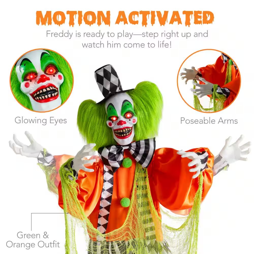 Funhouse Freddy 5.5 ft. Motion activated Animatronic Standing Killer Clown Outdoor Halloween Decoration - B2 - 1010