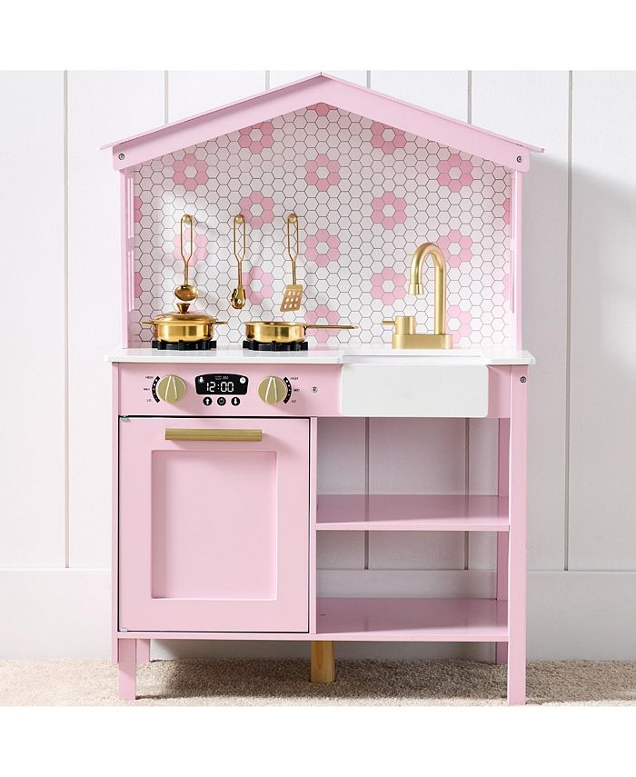 Best Choice Products Pretend Play Wooden Farmhouse Kitchen Set w/ Storage, Clicking Knobs, 5 Accessories - Pink - No Size - G7 - 970