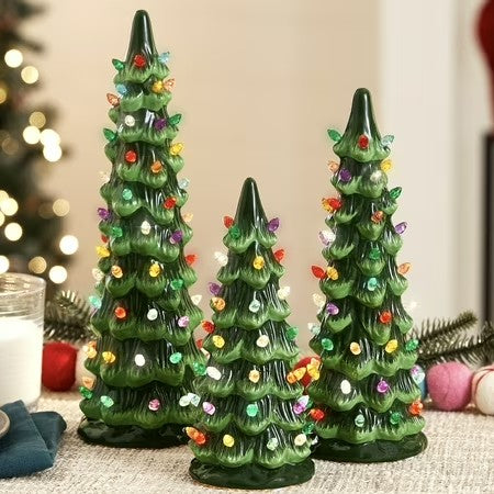 Best Choice Products Set of 3 XL Pre-Lit Hand-Painted Ceramic Tabletop Christmas Trees w/Multi Lights Green - H7 - 1079