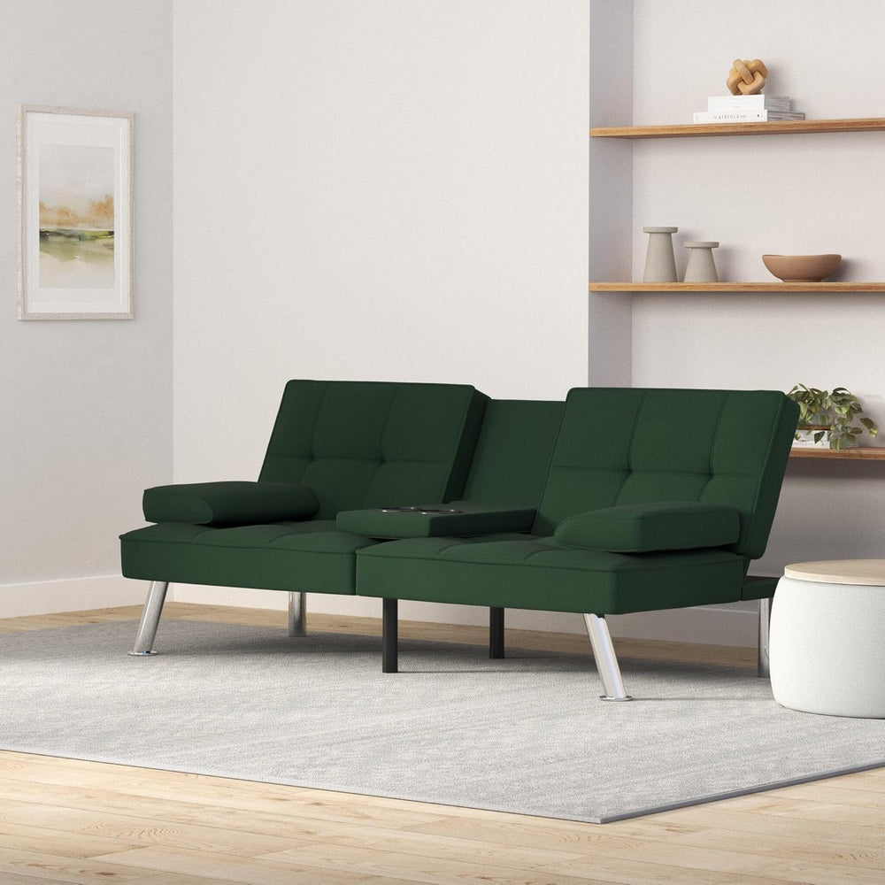 Best Choice Products Linen Modern Folding Futon, Reclining Sofa Bed for Apartment, Dorm w/Removable Armrests, 2 Cupholders - Dark Green 1488