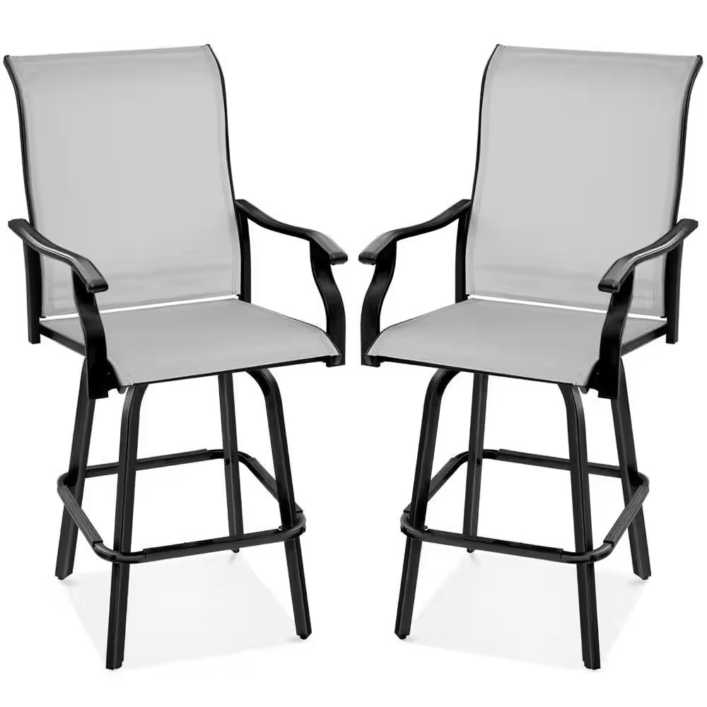 Gray Metal Outdoor Swivel Patio Bar Stool Chairs with 360-Degree Rotation, All-Weather Mesh (2-Pack) -D9-0594