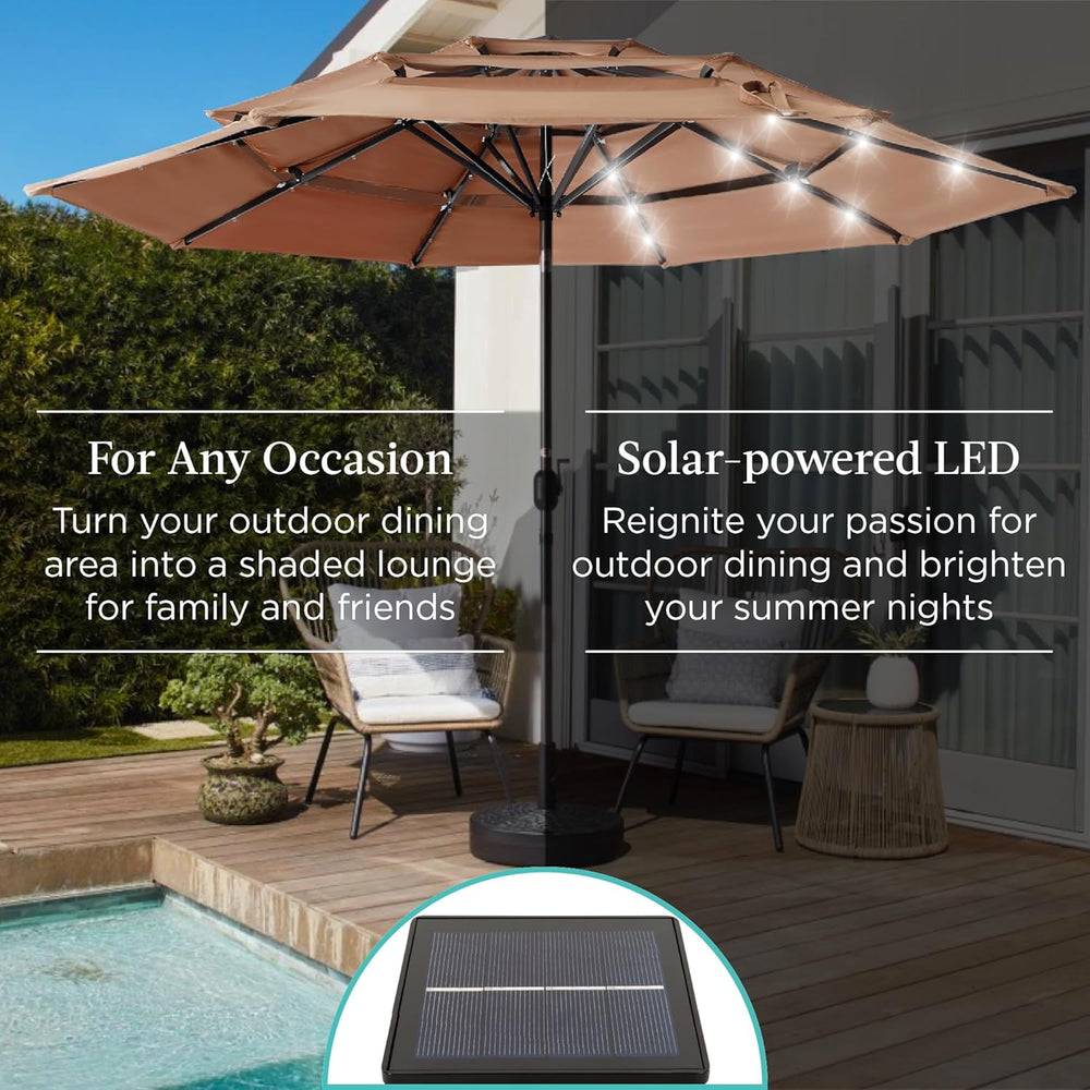 Best Choice Products 10ft 3-Tier Patio Umbrella, Outdoor Market Sun Shade for Backyard, Deck, Poolside w/ 24 LED Lights, Tilt Adjustment, Easy Crank, 8 Ribs 1489