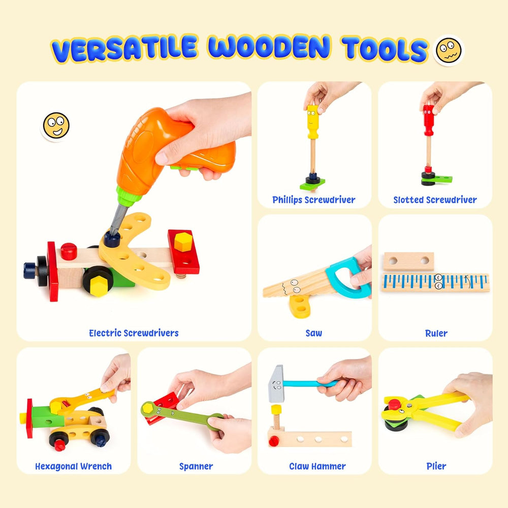 Kids Tool Set with Drill, Montessori Toys for 2 3 4 5 6 Years, Toddler Toys Easter Basket Stuffers, 41 Pcs Wooden STEM Construction Learning Pretend Play Games, Birthday Gift for Boys Girls 1308