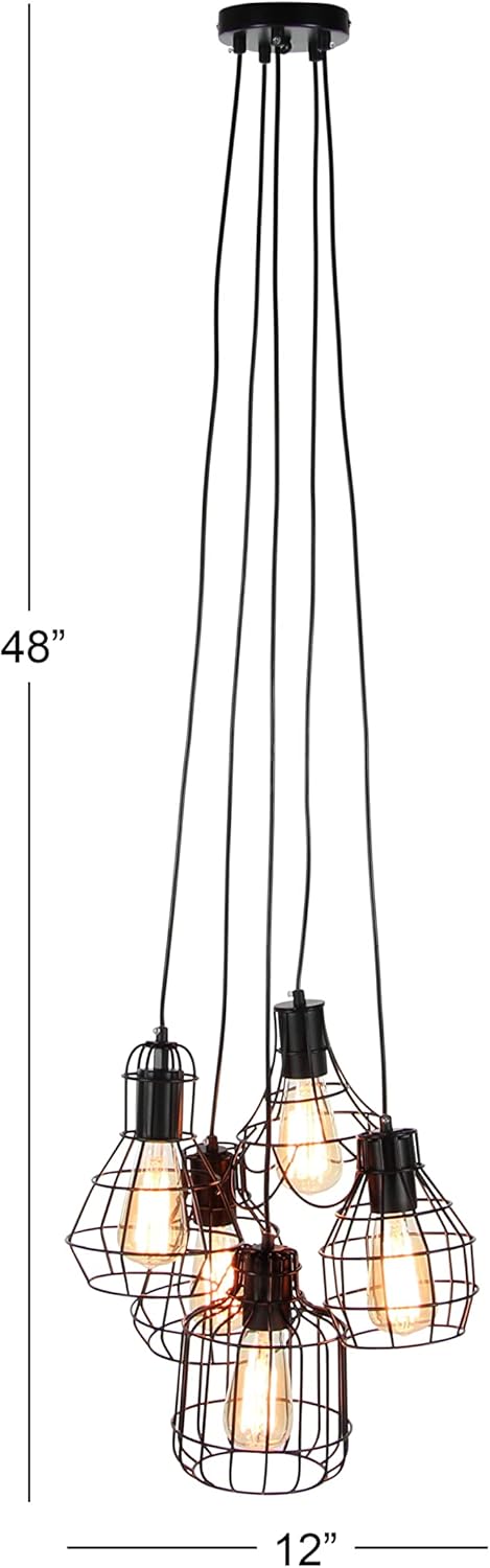 Deco 79 Industrial Cage-Designed 5-Light Pendant with Bulbs, 48" H x 17" L, Metallic Black Finish - B2 - 447