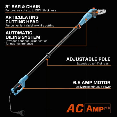 SENIX 120 Volt Max* 6.5 Amp Corded Electric Pole Saw for Tree Trimming, 8-Inch Oregon Bar and Chain, CSPE6.5-M 1884