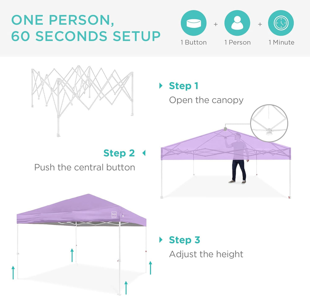 Best Choice Products 10x10ft Pop Up Canopy Tent, Outdoor Shade, 1 Person 1 Minute Set Up, Carry Case, 4 Weight Bags - Lilac/White 1753