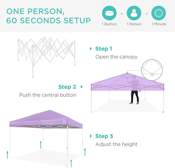 Best Choice Products 10x10ft Pop Up Canopy Tent, Outdoor Shade, 1 Person 1 Minute Set Up, Carry Case, 4 Weight Bags - Lilac/White 1753