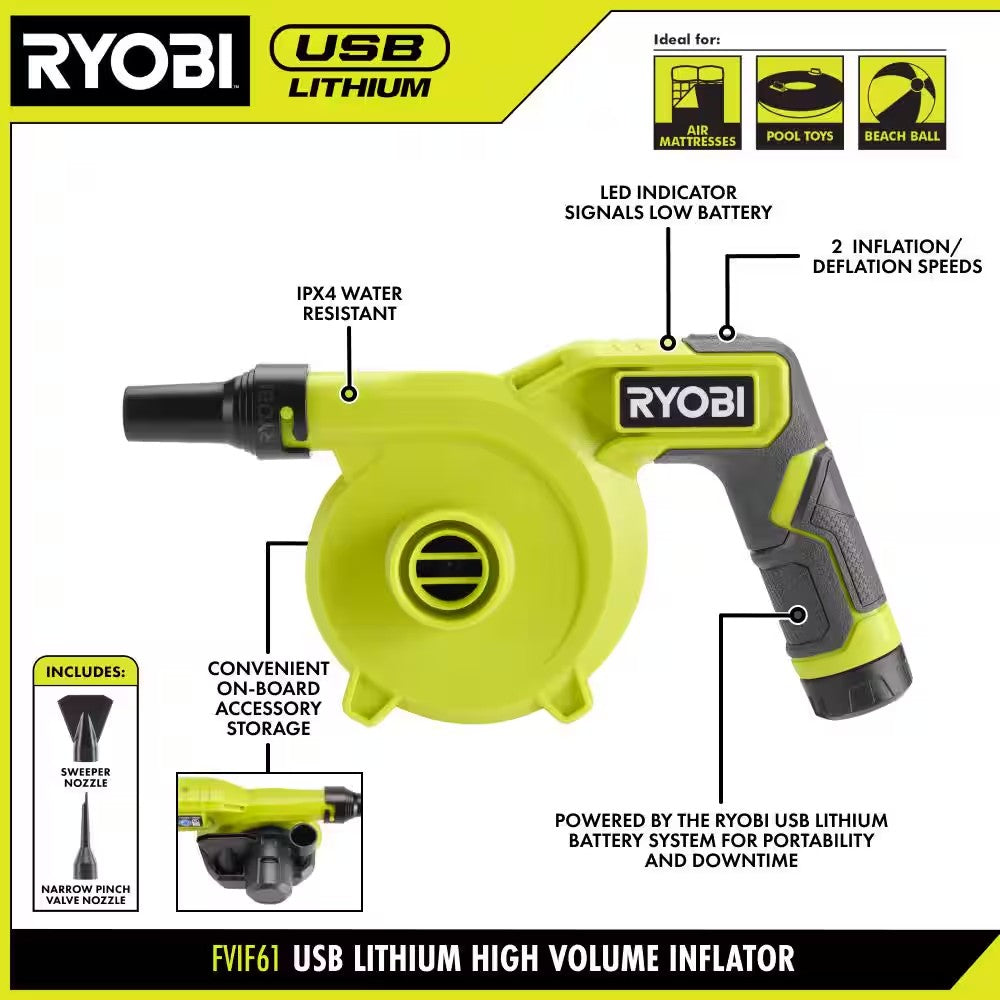 RYOBI USB Lithium Cordless High Volume Inflator Kit with USB Lithium 2.0 Ah Battery and Charging Cable 1674