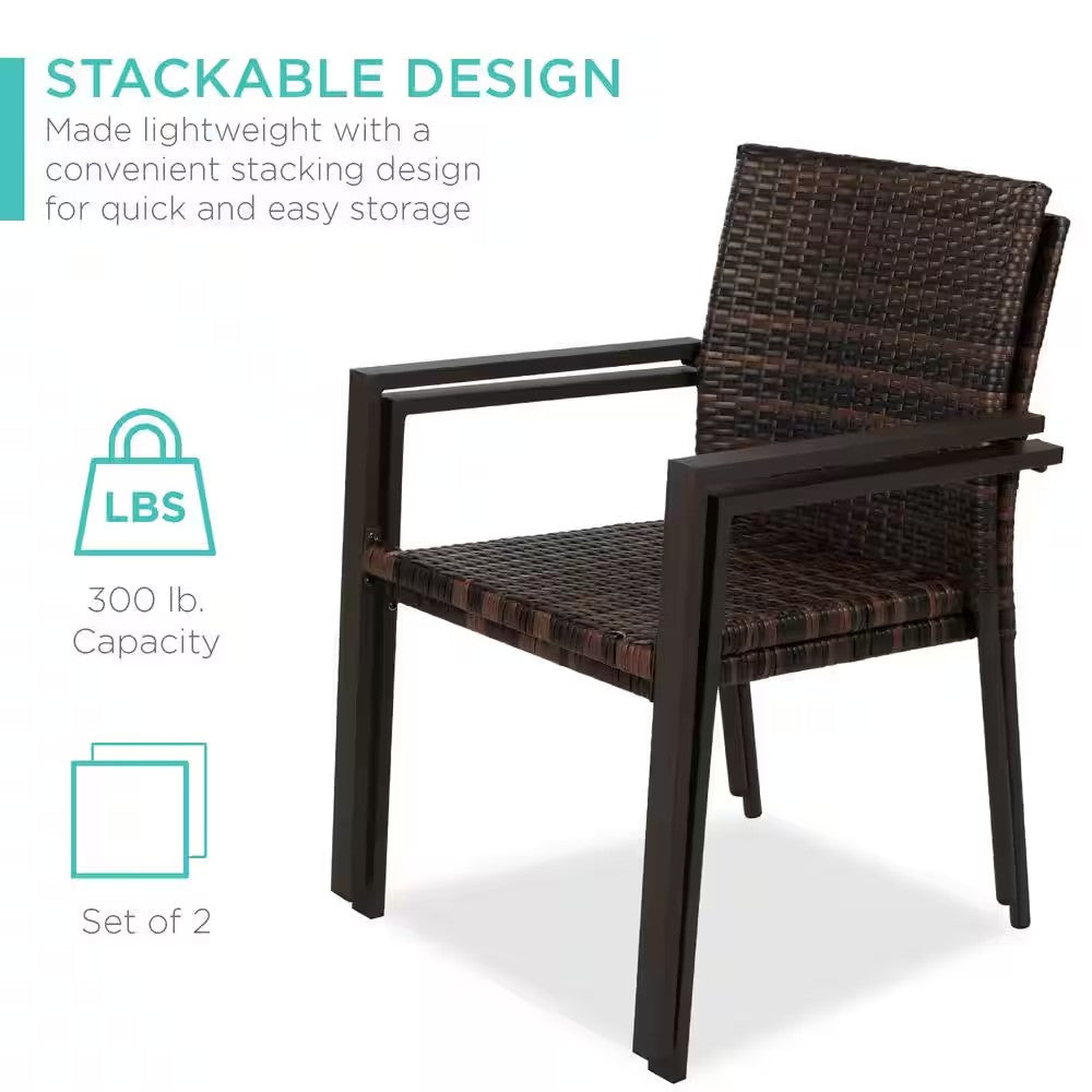 Stackable Brown Wicker Chairs with Armrests, Steel Conversation Accent Furniture for Patio (Set of 2) - D1 - 1008