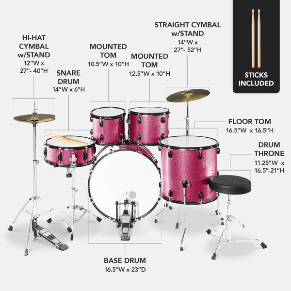 Best Choice Products 5-Piece Full Size Complete Adult Drum Set w/Cymbal Stands, Stool, Drum Pedal, Sticks, Floor Tom - Pink Sparkle 1810