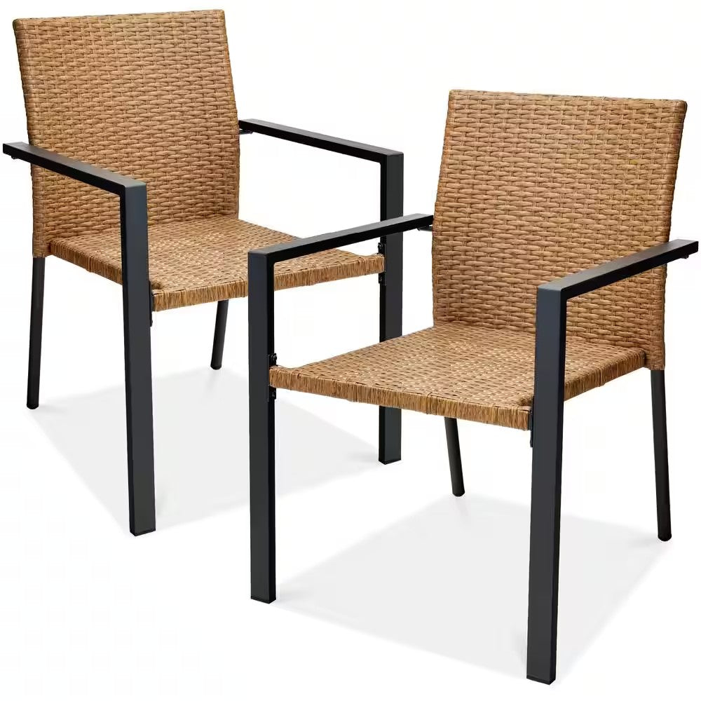 Set of 2 Stackable Natural Wicker Chairs with Armrests, Steel Conversation Accent Furniture for Patio -M5-0034