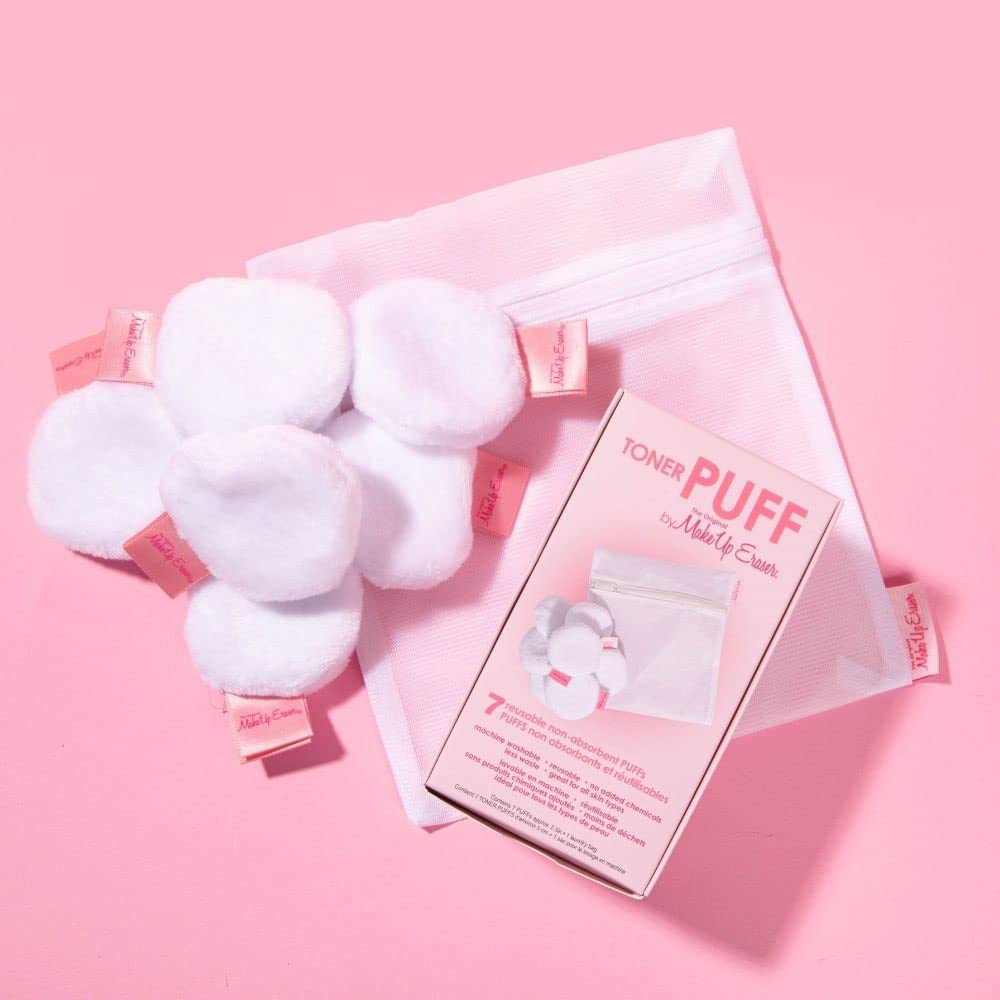 MakeUp Eraser Toner Puff 7pc Set, Reusable and Machine Washable Rounds, Laundry Bag Included -B7-0377 -B7-0378 -F2-0664 -B7-1188