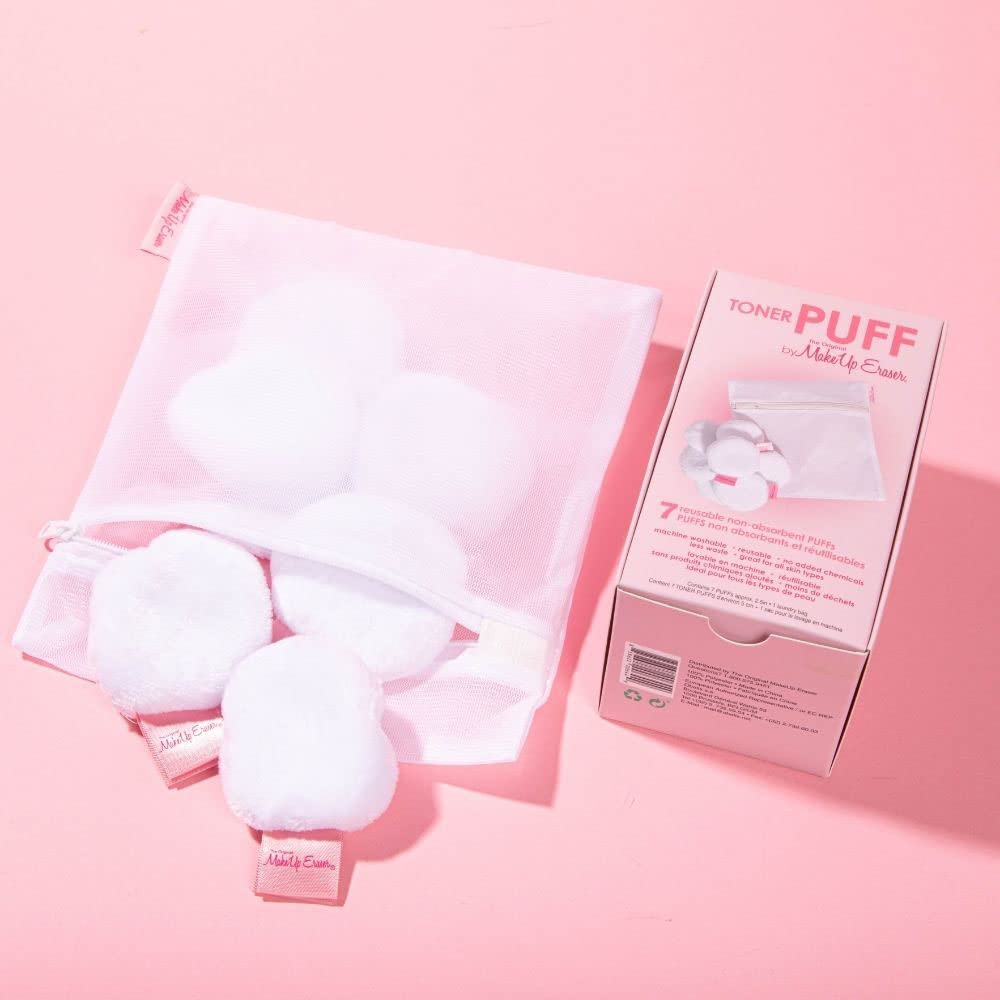 MakeUp Eraser Toner Puff 7pc Set, Reusable and Machine Washable Rounds, Laundry Bag Included -B7-0377 -B7-0378 -F2-0664 -B7-1188