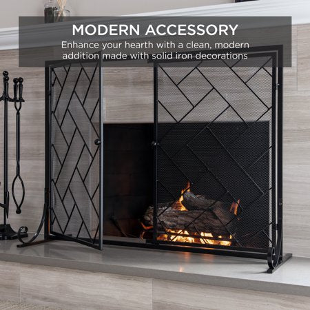 Best Choice Products 44x33in 2-Panel Handcrafted Wrought Iron Geometric Fireplace Screen w/ Magnetic Doors - Black - A6 - 455