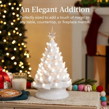 Best Choice Products 15in Ceramic Christmas Tree, Pre-lit Hand-Painted Holiday Decor w/ 64 Lights - White w/ Warm White Bulbs -E1-1646