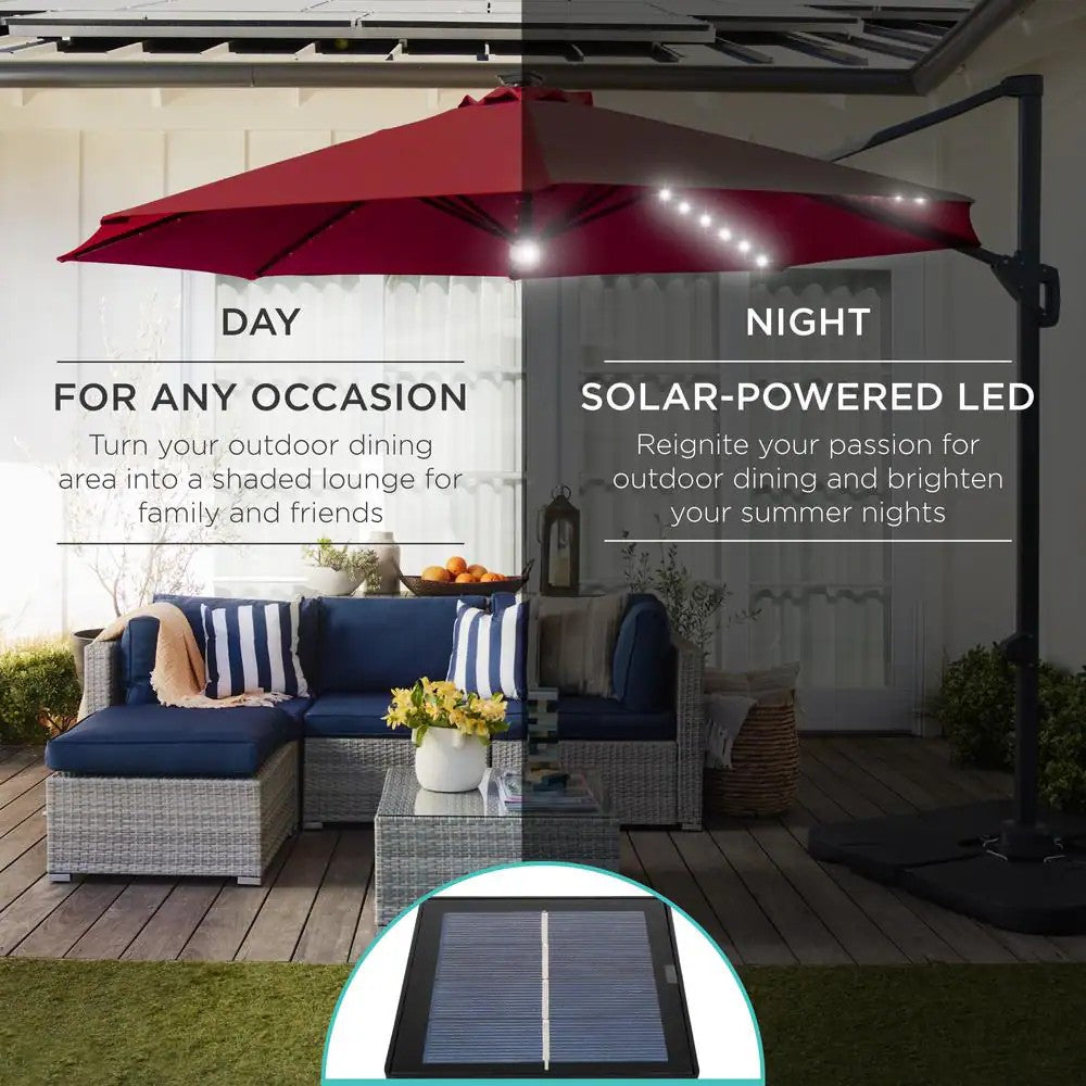 10 ft. 360-Degree Solar LED Cantilever Patio Umbrella, Outdoor Hanging Shade with Lights in Burgundy - E3 - 1621