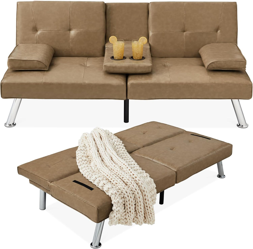 Best Choice Products Faux Leather Upholstered Modern Convertible Futon, Adjustable Folding Sofa Bed, Guest Bed w/Removable Armrests - Taupe - H3 - 1012