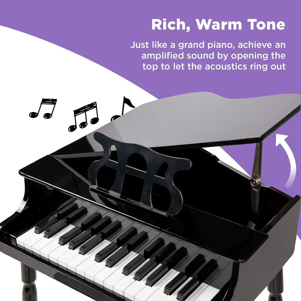 Best Choice Products Kids Classic Wooden 30-Key Mini Grand Piano Musical Instrument Toy w/ Piano Lid, Bench, Foldable Music Rack, Song Book, Note Stickers, Enamel Finish - Black - D10 - 719