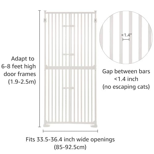 Unipaws 74 Inch High Extra Tall Cat Gate with Doors Locks Narrow Bar Spacing, Pressure Mounted 6 to 8 Feet Tall Adjustable Pet Gate, Cat Door Way Indo - A4 - 430