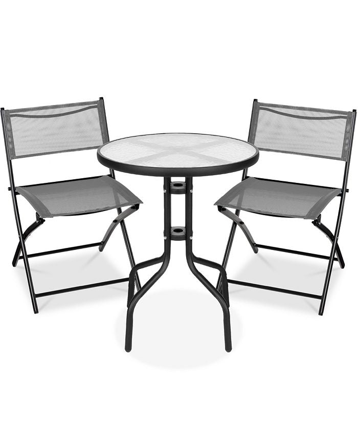 Best Choice Products 3-Piece Patio Bistro Dining Furniture Set w/ Round Textured Glass Tabletop, Folding Chairs - Gray - NO SIZE - M1 - 1822