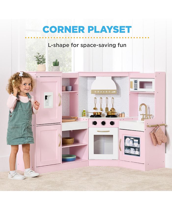 Best Choice Products Pretend Play Corner Kitchen, Interactive Wooden Kids Set w/ Lights & Sounds - Pink - NO SIZE - D7-0342