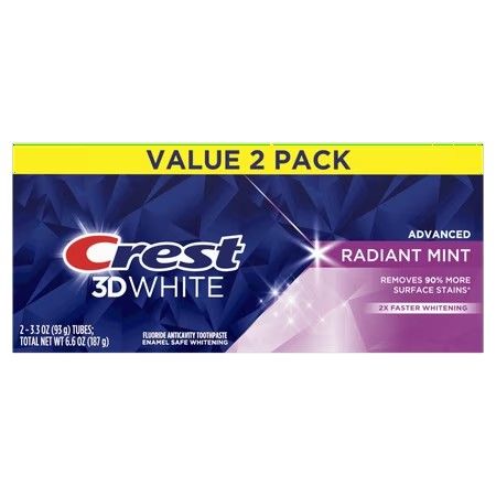 Crest 3D White Advanced Radiant Mint Teeth Whitening Toothpaste, 3.3 oz, 2 Pack - C4 - 333 -E9-1853