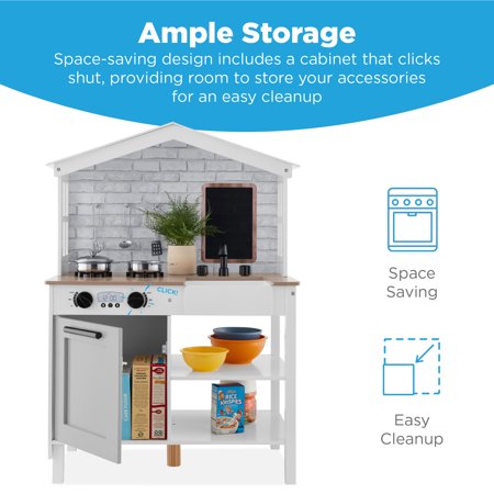 Best Choice Products Farmhouse Play Kitchen Toy for Kids w/ Chalkboard, Storage Shelves, 5 Accessories - Beveled White - B14 - 1502