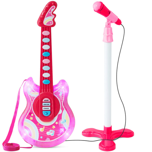 Best Choice Products 19in Kids Flash Guitar, Pretend Play Musical Instrument Toy for Toddlers w/ Mic, Stand - Pink - K7 - 1587
