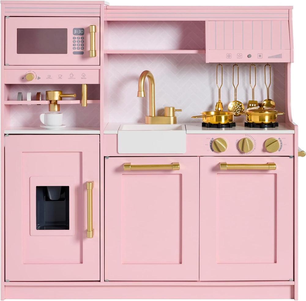 Best Choice Products Toddler Kitchen Playset with Pretend Play Espresso Machine, Interactive Wooden Kids Play Kitchen Equipped with Toy Storage and 17 Accessories - Pink - G8 - 1014 -H1-1626