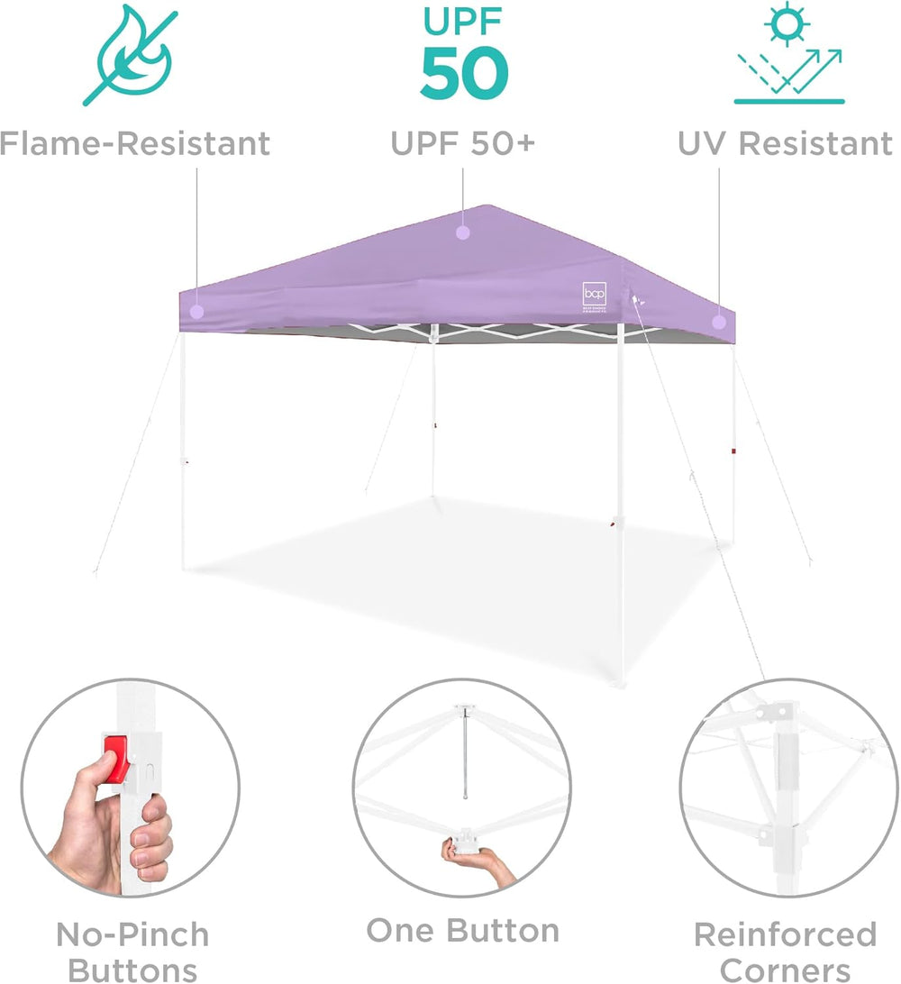 Best Choice Products 10x10ft Pop Up Canopy Tent, Outdoor Shade, 1 Person 1 Minute Set Up, Carry Case, 4 Weight Bags - Lilac/White 1753