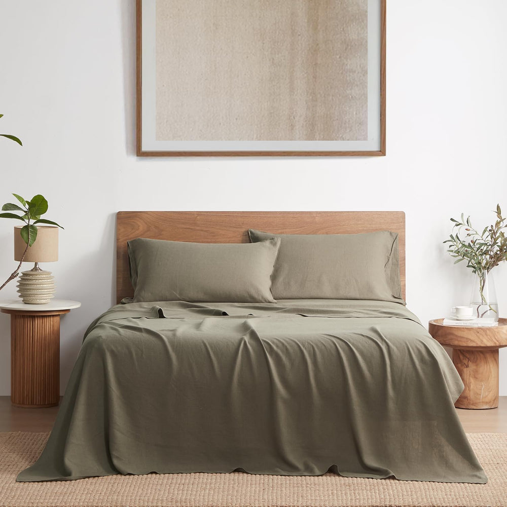 DAPU Pure Linen Sheets Set, 100% French Linen from Normandy, Breathable and Durable for Hot Sleepers, 4 Pcs Set - 1 Flat Sheet, 1 Fitted Sheet, 2 Pillowcase (Forest Green, King) 1303