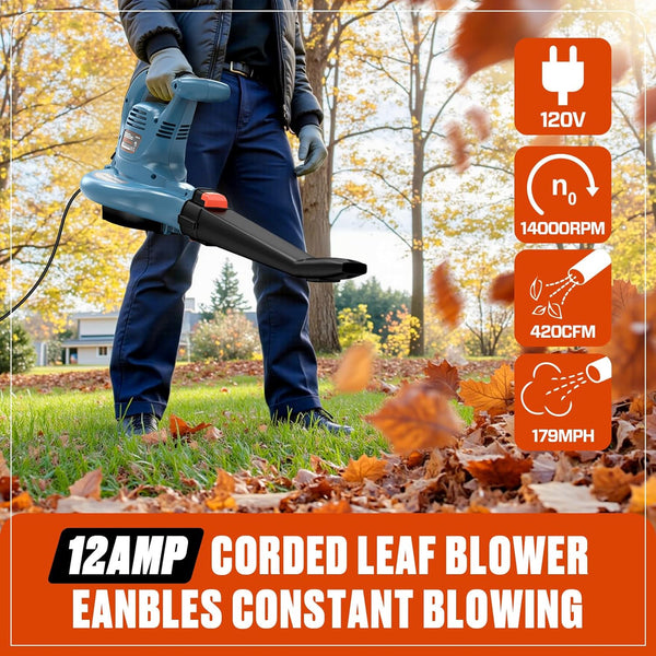 SENIX 12 AMP Leaf Blower, 3-in-1 Handheld Electric Leaf Blower, Vacuum, and Mulcher, 420 CFM, 179 MPH Airflow,Corded Blowers with Reusable Collection Bag (BLVE12-M) 1896