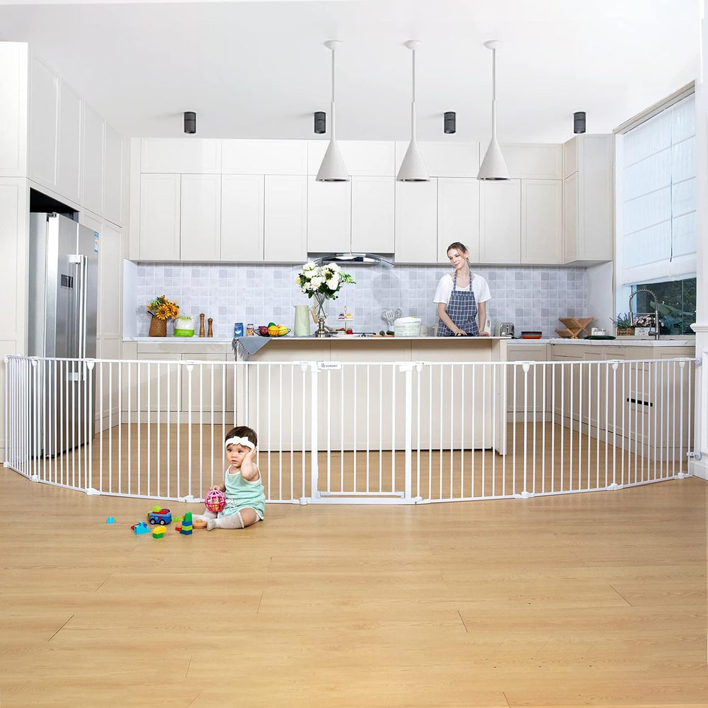COMOMY 198" Baby Gate Extra Wide, Dog Gate Pet Gate for House Stairs Doorways Fireplace, Adjustable 3 in 1 Play Yard Child Safety Gate, Auto Close, Hardware Mounted (30" Tall, White) - H6 - 1849