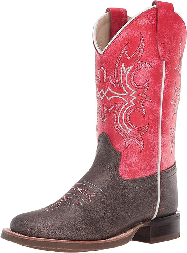 Old West Brow/Dark Pink Children Girls Leather Cowboy Boots 8.5D -J11-0297